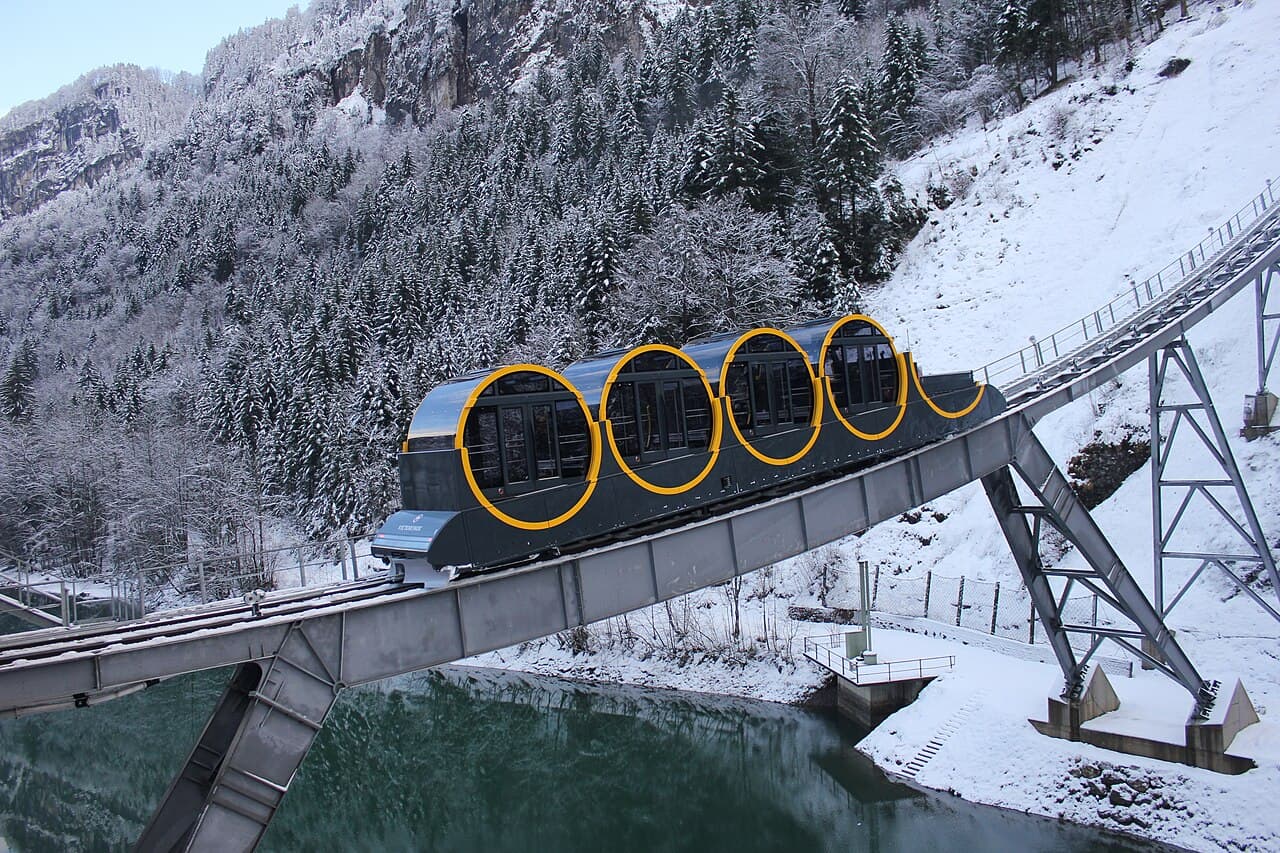 The Stoosbahn barrel cabins on the steep funicular above Schwyz